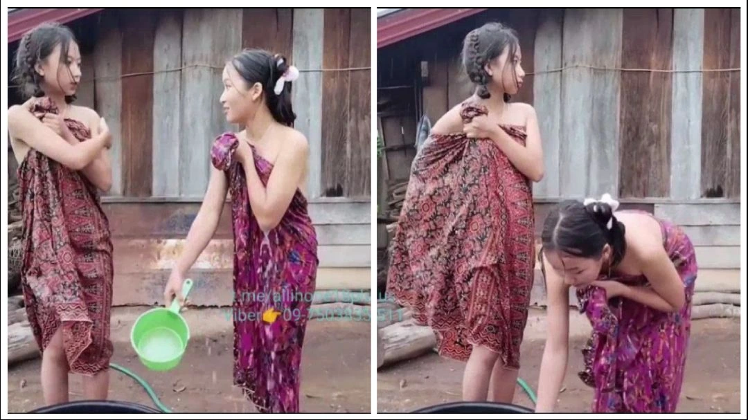 တိုင်းရင်းသူလေးနှစ်ယောက်ရဲ့ ရေချိုး – Two Teen Girl Showing Shower At Outside Home